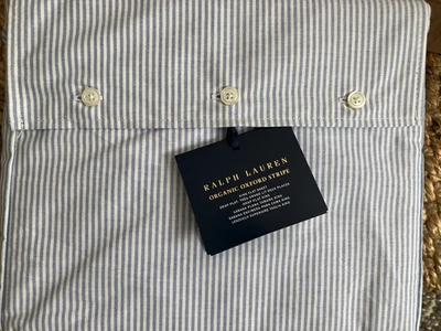 NEW Ralph Lauren Organic Oxford shirt Stripe Blue & White King FLAT Sheet $245 - Image 1 of 4