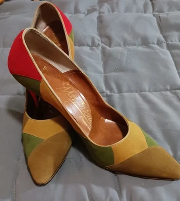 Vintage 60s Spiked High Heels Shoes- Martinique Multicolored Suede-6 1/2 AAA - Image 1 of 4