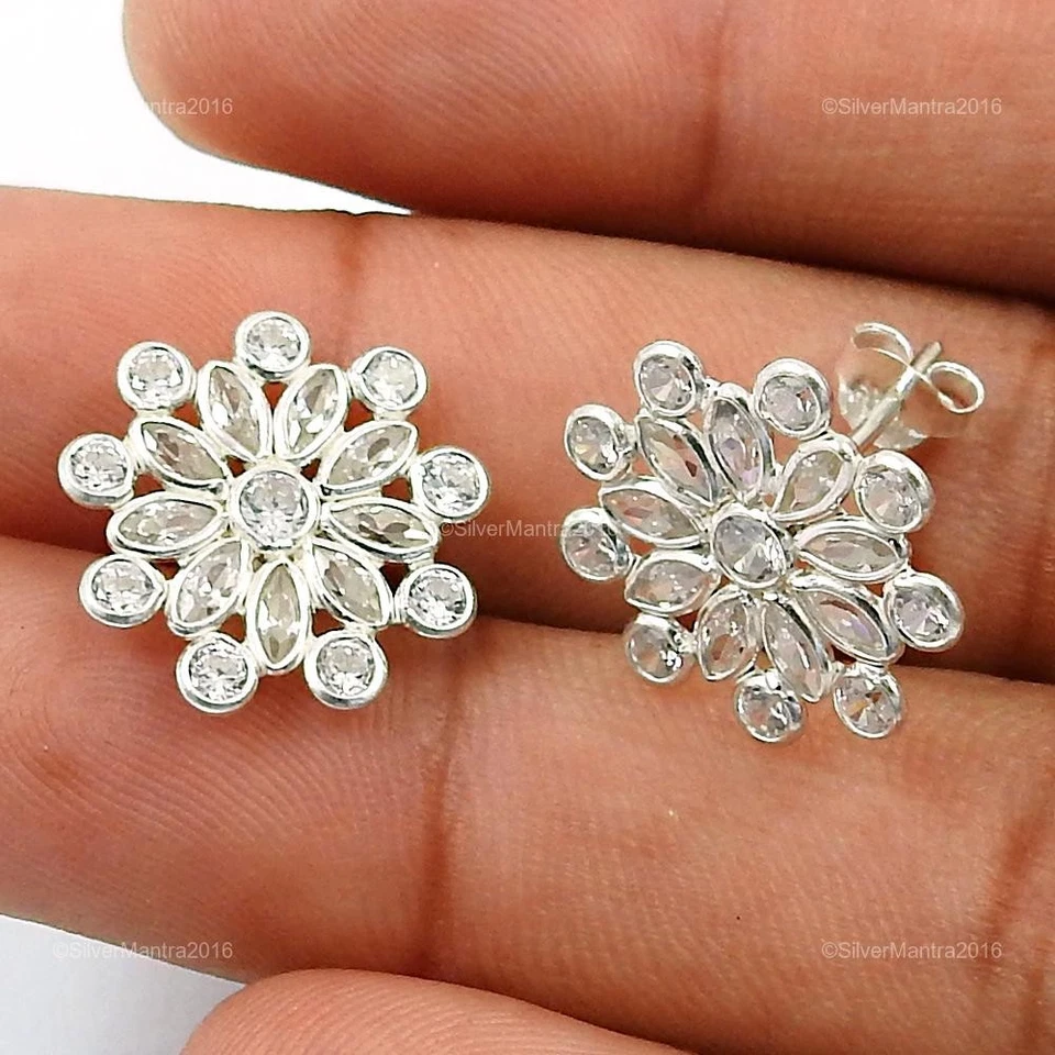 Naturale Zircone Cubico Vero 925 Argento Sterling Regalo di Natale Orecchini a - Immagine 1 di 4