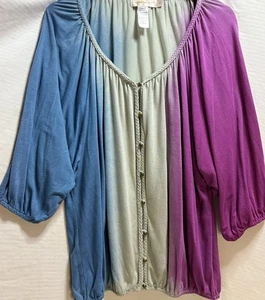 Urban Mangoz Boho Tunika Oberteil M lila blau Ballonärmel leichte Bluse - Bild 1 von 11