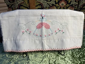 Vintage Hand Embroidered Pillowcase Blue Lady Pink Eyelet Lace  Trim - Picture 1 of 4