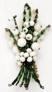 Vintage Miriam Haskell?? Lily of the Valley Milk Glass Beaded Brooch 3" Unmarked - Picture 1 of 11