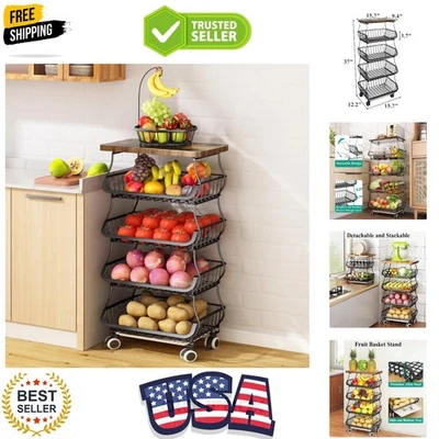 Гладкий металлический органайзер для фруктов и овощей с деревянным верхом и колесами, высота 37 дюймов - Изображение 1 из 4