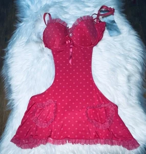 Victorias Secret 34C Sexy Nightie Lingerie Backless Pink Red Polka Dot see - Picture 1 of 12