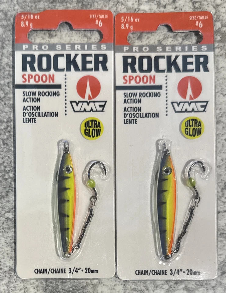 2 Packs VMC Rocker Spoon Ice Fishing Jig 5/16 OZ Glow Hot Perch Discontinued