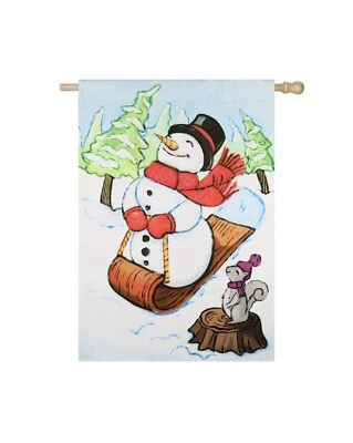 STYLE SELECTIONS 28" x 44" Winter Scene House Flag Snowman On Sled NEW - Image 1 of 2