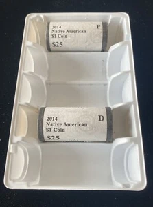 2014-P&D Native American $1 Münze, zwei $25 U.S. Mint ungeöffnete Rolle in geöffneter Box - Bild 1 von 4