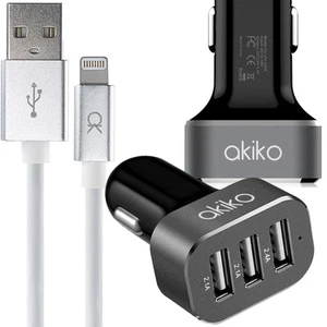 Cargador de coche USB universal de tres puertos Akiko adaptador rápido + cable MFI 2M blanco - Imagen 1 de 8