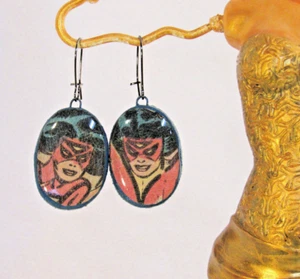 Upcycled OOAK Comic Book Earrings Superhero Jewelry Spider Woman Clippings - Picture 1 of 4