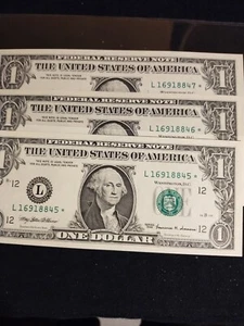 Lot Of 3 Series 1999 $1 Consecutive # Federal Reserve Star Notes. - Picture 1 of 9
