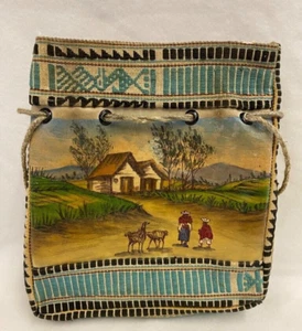 Vintage peruanisch mexikanisch handbemalt Leder bestickt Kordelzug Handtasche - Bild 1 von 7
