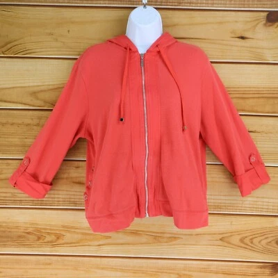 Jaqueta feminina Studio Works zíper completo tamanho PL laranja mangas 3/4 bolsos com capuz malha - Imagem 1 de 4