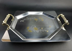 Freddy INOX Italy  Stainless Steel Serving Tray With Gold Floral Pattern  11¾" - Picture 1 of 12