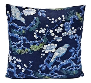 Chinoiserie Botanischer Vogel 18 Zoll Dekorativer Überwurf Kissenbezug Marineblau - Bild 1 von 10