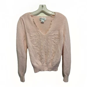 Girly Vintage pink v-neck sweater embroidered details by Knit Knacks. - Picture 1 of 5