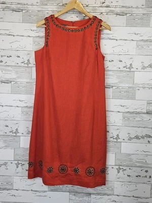 Ann Klein 100% Linen Sleeveless A Line Embellished Dress Womens 8 Orange - Image 1 of 4