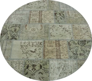 Green Wool Handmade Area Rug 5x5 Turkish Distressed Patchwork Round Carpet - Picture 1 of 6