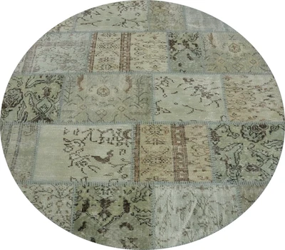 Green Wool Handmade Area Rug 5x5 Turkish Distressed Patchwork Round Carpet - Image 1 of 4