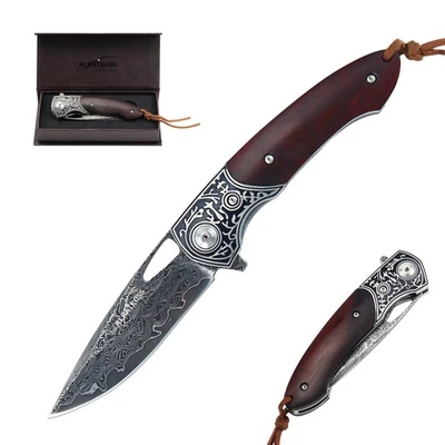 Premium Folding Pocket Knife - 3" Damascus Steel Blade, Yellow Sandalwood Han... - Image 1 of 4