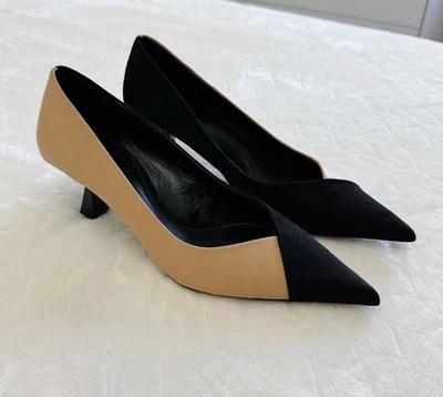 Zara Size 37 US Size 7 CONTRAST HEELED SHOES Two Tone High Heels Black & Tan - Image 1 of 4