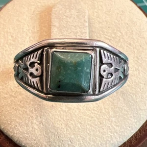 Vintage frühe Glocke Sterling grün Türkis Donnervogel Fred Harvey Ring Größe 6,5 - Bild 1 von 16
