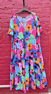 Yours Bright Floral Midaxi Midi Summer Holidays Tiered Dress Size 26-28 - Picture 1 of 16