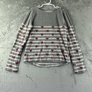 Gap Kids Top T-Shirt Girls L (10) Gray w/ Pink Hearts Stripes Long Sleeve - Picture 1 of 5