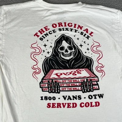 Vans T Shirt Mens Medium White Red Skull Grim Reaper Pizza Graphic Surf Skate - Image 1 of 4