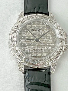 Manhattan Quartz Watch Iced Out Crystal Bezel Japan Movement Leather Band - Picture 1 of 13