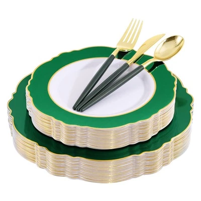 30Guest Christmas Plates Disposable - Gold Plastic Silverware With Green Hand... - Image 1 of 4
