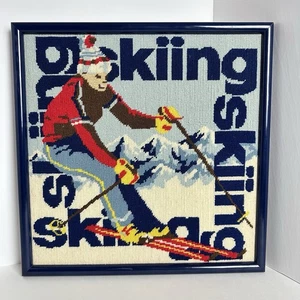 Completed Framed Needlepoint Skiing Lodge Cabin Skier 15.5”x 15.5” - Picture 1 of 6