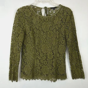J Crew Lace Top Womens 2 Petite Long Sleeve Shirt Olive Green Sheer Sleeve - Picture 1 of 12