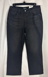 Pantalones de mezclilla para mujer Time & Tru nuevos con etiquetas talla 12 pierna recta tiro alto negros desgastados cortos - Imagen 1 de 7