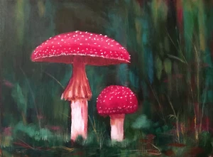 Pintura Acrílica Paisaje Amanita Setas en Madera Original 12x16 sobre Lienzo - Imagen 1 de 2