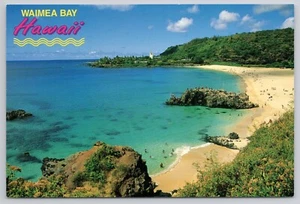 Waimei Bay on Oahu's Famous North Shore Swimmers on Sandy Beach Hawaii Postcard - Picture 1 of 2