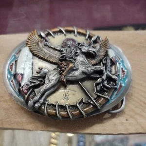 New INDIAN WITH WINGS  ON HORSE BACK  1992 BERGAMOT BELT BUCKLE  - Picture 1 of 4