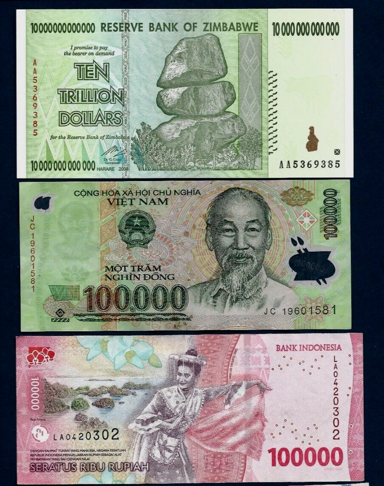 10 Trillion Zimbabwe $ 100000 Vietnam DONG 1000 Iraq DINARS 100000 Indonesia IDR - Image 1 of 4