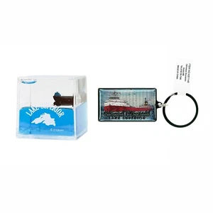 Edmund Fitzgerald Set of 2 2 1/2" Keychain and 2" Cube with Floating Ore Boat - Picture 1 of 1