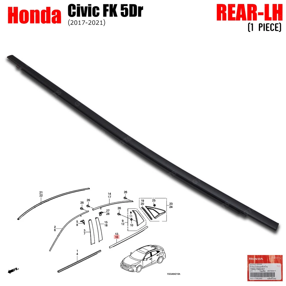 Rear Lh Outer Weatherstrip Window Molding Seal For Honda Civic FK 2017 - 2021 Foto 1 de 4