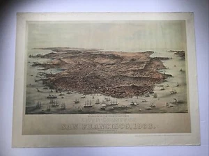 Vtg 1868 Birdseye View City County San Francisco Bay Print 23”x17” - Picture 1 of 9