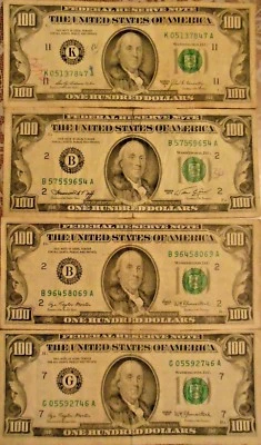 1969-A, 1974 & 1977 $100 US Federal Reserve Notes: Lot of Four - Image 1 of 2