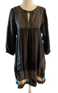 Da-Nang 100% Silk Bohemian Peasant Dress Screen Printed Beaded Embroidered S - Picture 1 of 18
