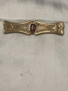 GORGEOUS DETAILED Gold Filled Bar Pin With RED STONE IN MIDDLE ^ - Picture 1 of 15