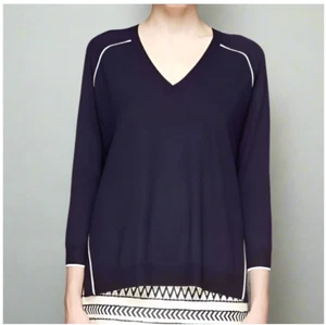 Maglione J Crew Merino Scollo V Donna Grande Blu Lana Leggera Vestibilità Relaxed - Foto 1 di 8