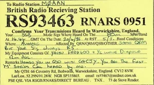 Amateur Radio QSL Card RS93463 RNARS0951 British Radio Receiving Station - Foto 1 di 1
