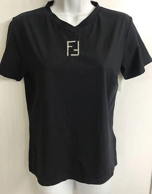 Top Fendi Jeans Vintage Negro Manga Corta Inicial Delantero Cuello en V Elástico Talla Med Foto 1 de 4