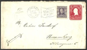 UNITED STATES 1907 EMBOSSED 2c + 3c COVER CHICAGO ARMOUR STATION TO GERMANY - Picture 1 of 2