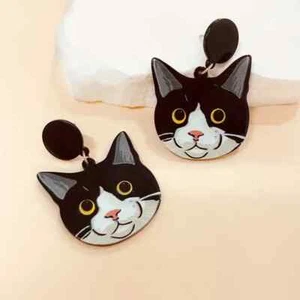 Cute Cartoon Black Cat Head Design Dangle Earrings Goth Style Acrylic Jewelry - Picture 1 of 5