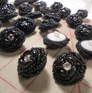 5 Vintage Hand Beaded Buttons Rhinestone Center 4 Oval & Seed Beads Jet Black - Picture 1 of 12