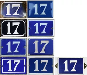 Old blue French house number 17 door gate wall plate steel enamel sign - pick - Picture 1 of 11